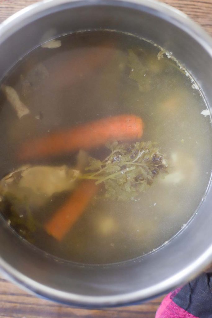 instant pot with chicken bones, parsley, carrots and water cooked