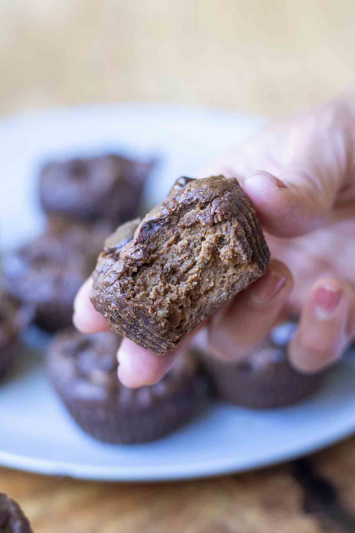 hand holding a healthy chocolate muffin with a bite taken out.