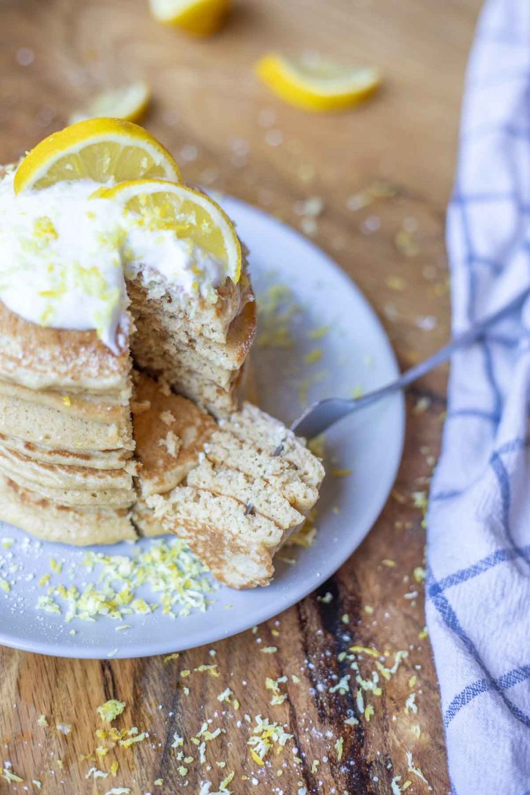 stack of lemon pancake and fork