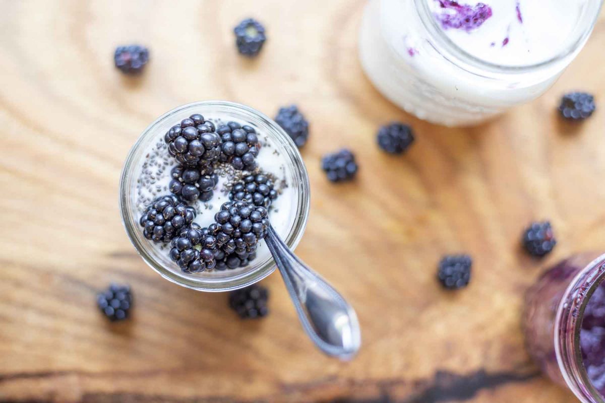 yogurt with berries from top view